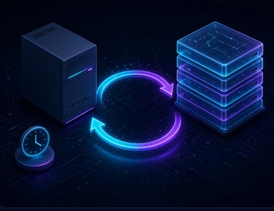 A computer being backed up to secure storage on a schedule