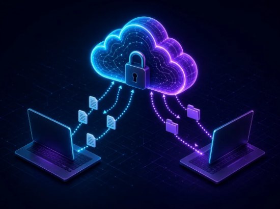 Two laptops syncing files through a locked private cloud