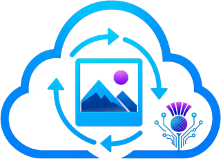 DeviceCare Photos logo: a photo inside a cloud with backup arrows